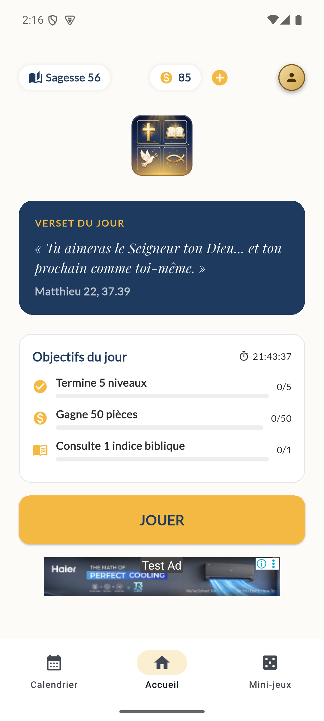 Écran d'accueil TétraFoi avec le verset du jour